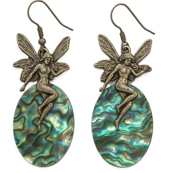 Abalone Shell Fairy Design Dangle Earrings Unique - Picture 1 of 12